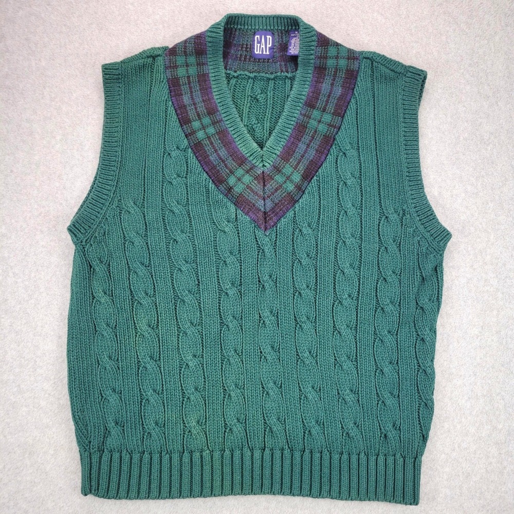 Gap Tennis Sweater Vest Mens Medium Green Cable Knit Plaid V-Neck Cotton